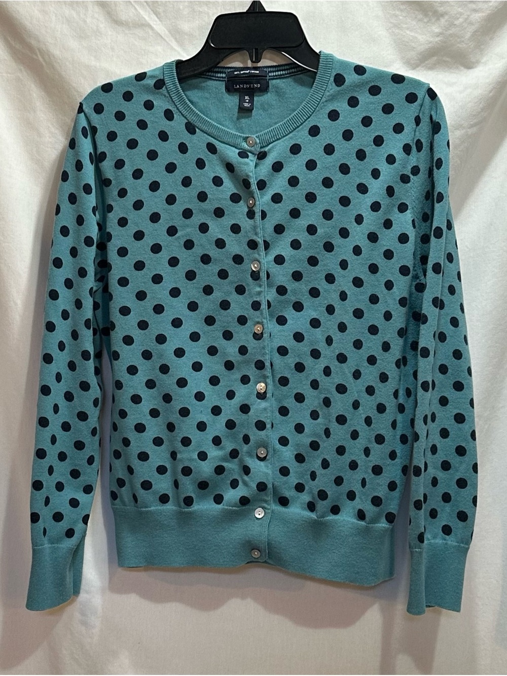 Lands' End Teal Cardigan with Black Polka Dots.
Supima cotton.
